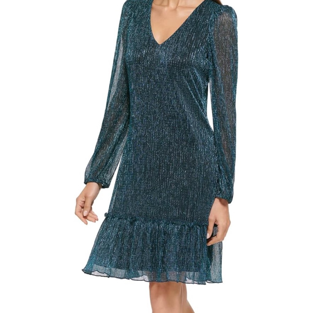 Kensie Blue Ruffled Long Sleeve V-Neck Dress